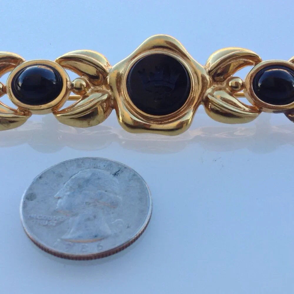 Fendi Brooch Victorian Revival Bar Rhodium Gold Intaglio Logo + Onyx Cabochons